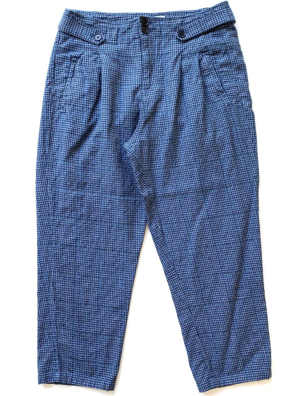 Sundance Blue Houndstooth Cotton Linen Pleated Cropped Pants 8 Petite